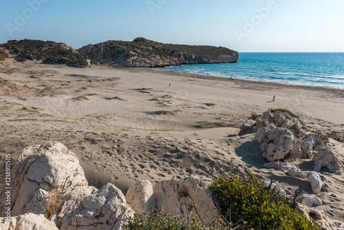 Fototapeta Naklejka Na Ścianę i Meble -  Mediterranean seacoast at the Patara beach on a sunny day with blue sea Antalya region, Turkey.