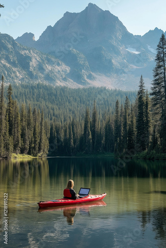 A person sits in a red kayak on a crystal-clear lake with an open laptop, surrounded by towering pine trees and mountains, enjoying the perfect blend of adventure and remote work Generative AI