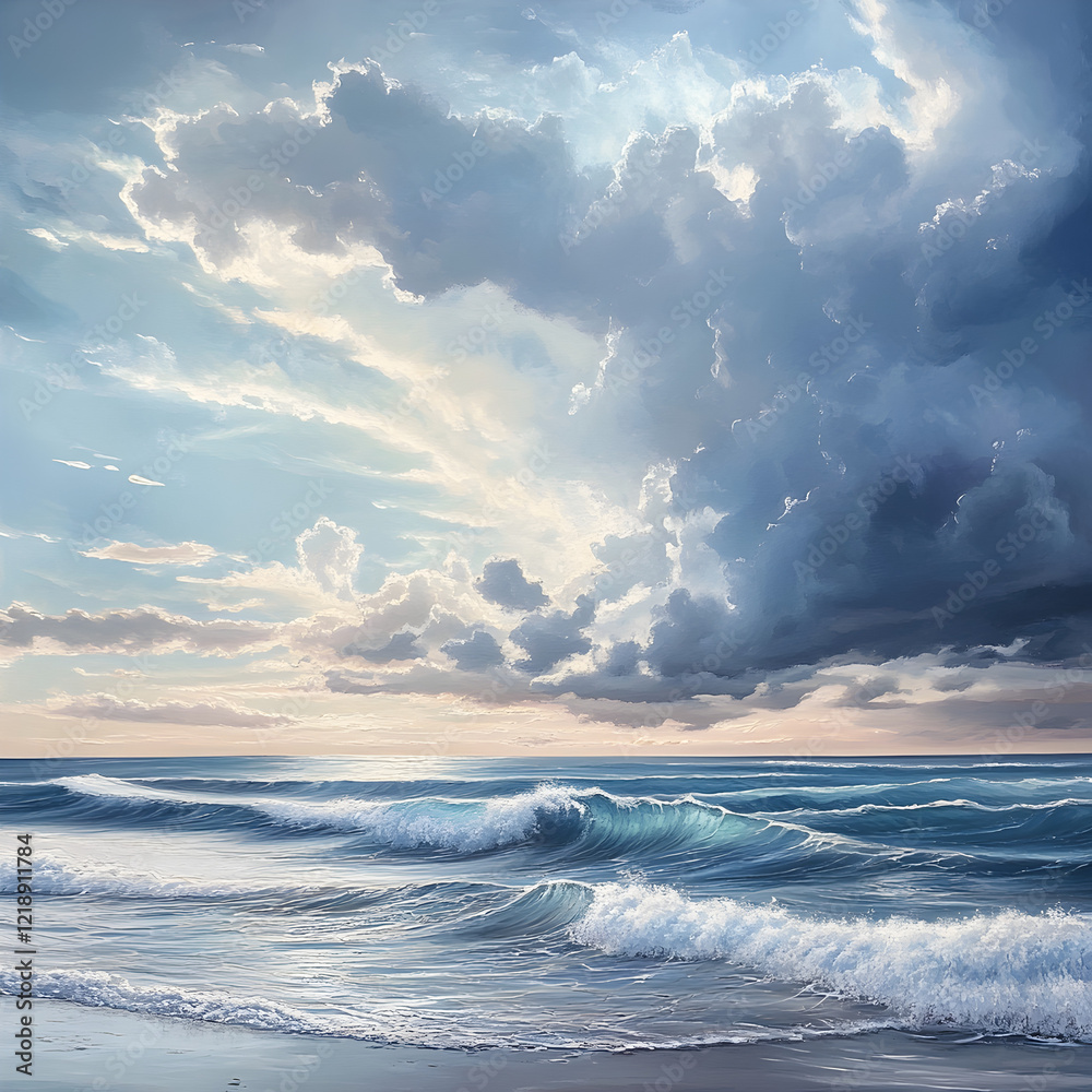 Obraz premium sunlight breaking through the clouds over an ocean beach.