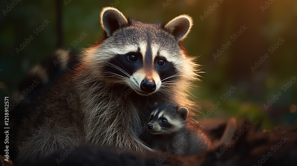 Mother raccoon with little raccoon. Generative AI Mother raccoon with little raccoon. Generative AI