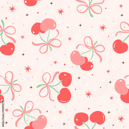 Cute retro coquette cherry valentine seamless pattern Trendy girly background