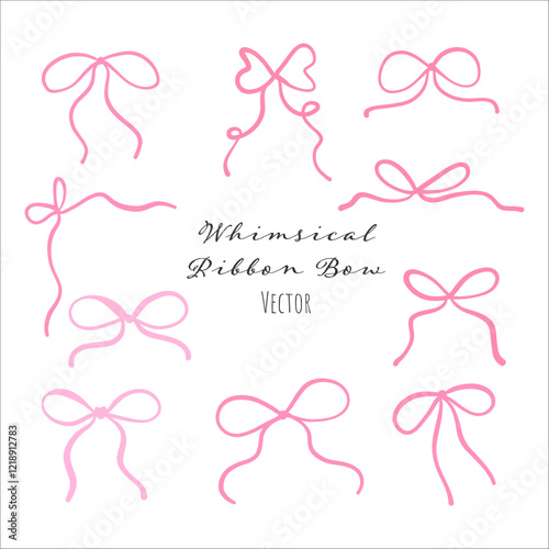 Hand draw whimsical ribbon Coquette pink bow Decoration valentines Wedding card illustration