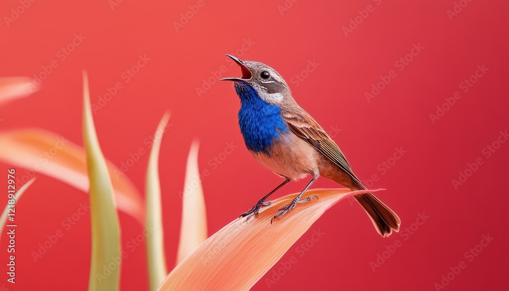 Mysterious small bird with vibrant blue chest singing on iridescent leaf against red background Mysterious small bird with vibrant blue chest singing on iridescent leaf against red background
