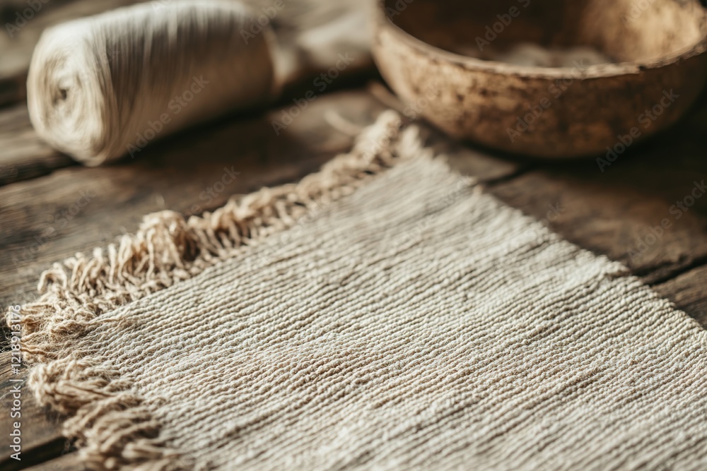 A wooden table with a piece of cloth on it and some yarn, with ample copy space for text. A wooden table with a piece of cloth on it and some yarn, with ample copy space for text.