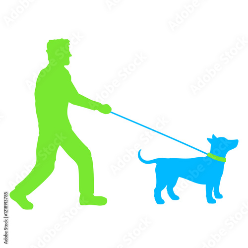 Dog Owner Man Takes a Happy Leash Walk Silhouette Design Lover Art Vector Illustration Card T-Shirt Poster Sticker Graphic Print Decorative Drawing Isolated Logo Decoration Symbol Creative Cool Style
