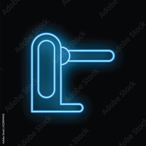 Blue neon icon of a turnstile entrance gate glowing on a black background