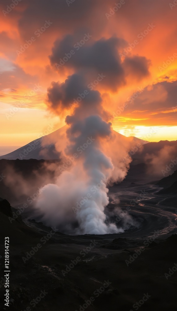 Fototapeta premium Dramatic volcano eruption at sunrise with smoke and lava flowing in scenic landscape