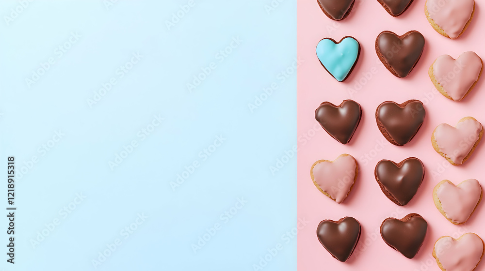Fototapeta premium A romantic flat-lay of heart-shaped cookies dipped in chocolate, arranged on a pastel surface