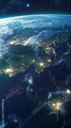 Photorealistic 3D Render of Earth from Space with Detailed View of Japan and Asia, Stars and Galaxies, Night Lights, Global Concept, High Resolution Planetary Image, 