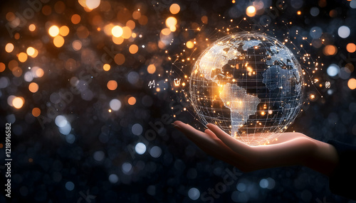 A glowing digital Earth held gently in a person's hands, representing global connection and technology.