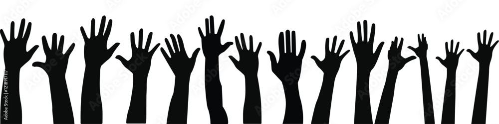 people raising hand silhouettes. People raising hand at the concert. row of hands reaching up in the air Silhouette. The hands are all different shapes and sizes.
people raising hand silhouettes. People raising hand at the concert. row of hands reaching up in the air Silhouette. The hands are all different shapes and sizes.