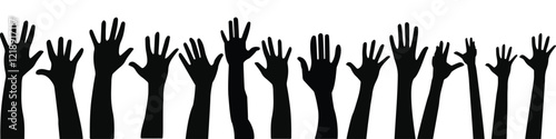 people raising hand silhouettes. People raising hand at the concert. row of hands reaching up in the air Silhouette. The hands are all different shapes and sizes.
