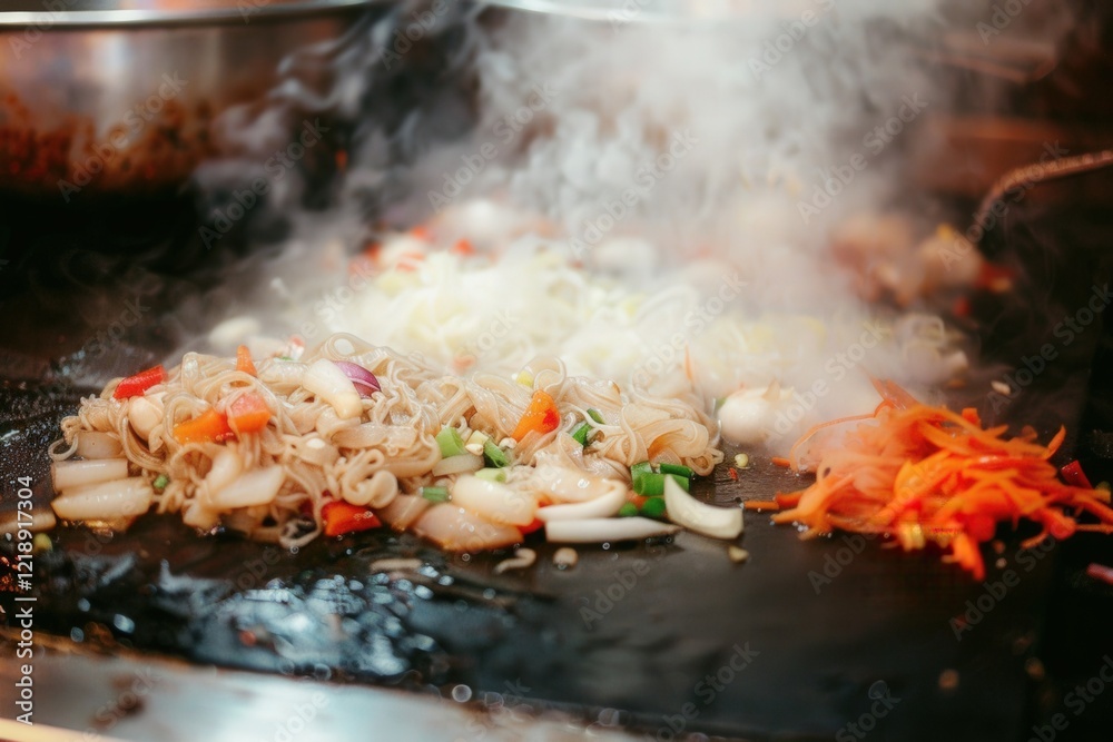 A vibrant scene of sizzling vegetables on a hot grill, emitting steam and showcasing the art of cooking. A vibrant scene of sizzling vegetables on a hot grill, emitting steam and showcasing the art of cooking.