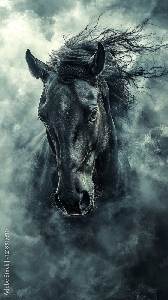 Majestic black horse in smoky atmosphere Majestic black horse in smoky atmosphere