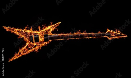 Fiery Electric Rock Guitar Engulfed in Flames on Black Background - Dynamic Music Instrument Concept with Intense Energy and Passion for Rock and Roll, Ideal for Rock Music Themes and Dramatic Designs