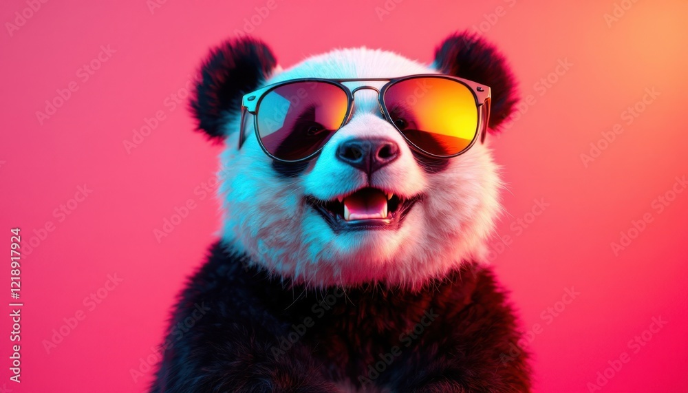 Cheerful panda wearing sunglasses with vibrant pink background Cheerful panda wearing sunglasses with vibrant pink background