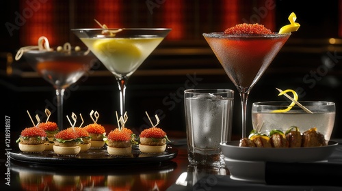 Elegant cocktails and appetizers, bar setting, sophisticated drinks, gourmet food