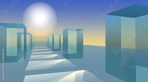 Abstract Glass Pathway Leading to Sun, Futuristic Cityscape