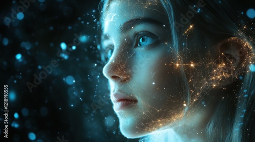 Wallpaper Mural Woman with glowing face and blue eyes using remote communication technology at home Torontodigital.ca