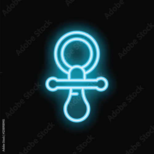 Blue neon icon of a baby pacifier glowing on a black background