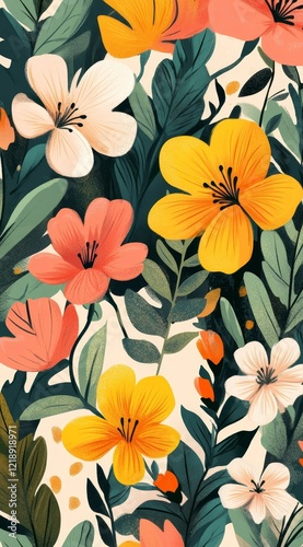 Colorful Spring Illustration with Blooming Flowers and Greenery, Vibrant Floral Art Perfect for Seasonal Decorations and Nature-Themed Designs, 