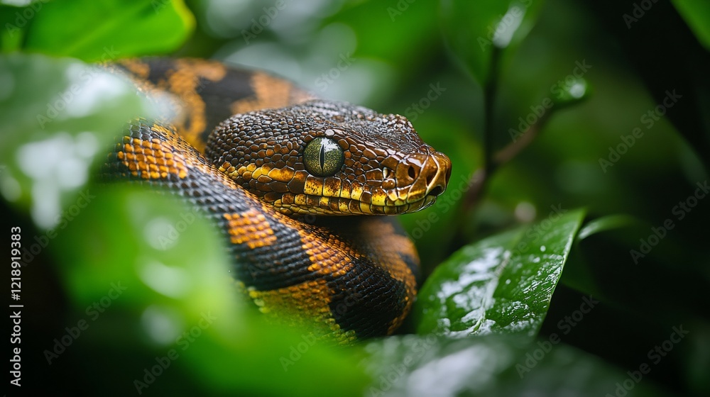 Coiled Boa Constrictor Resting on Lush Green Foliage Coiled Boa Constrictor Resting on Lush Green Foliage