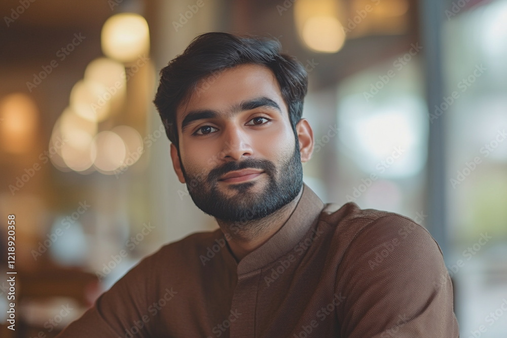 Fototapeta premium Portrait of handsome bearded Indian man looking at camera while sitting in cafe 