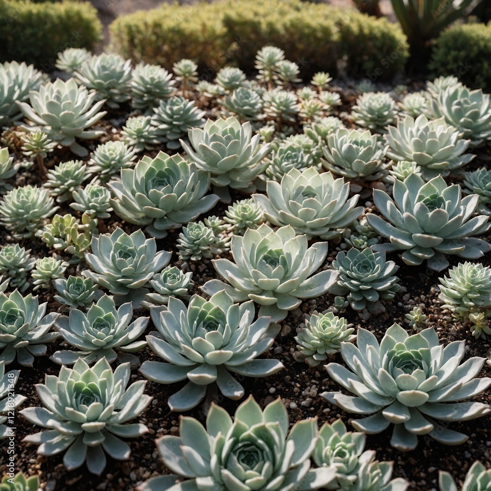 A collection of white succulents in a minimalist park garden. A collection of white succulents in a minimalist park garden.