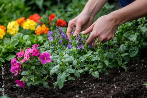 Gardener taking care of purple flowers in the garden center