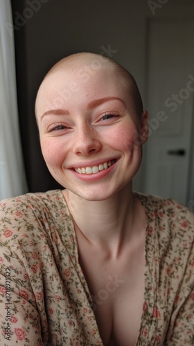 Smiling woman with alopecia looking confidently at the camera, exuding positivity and strength, showcasing beauty and self-confidence, embracing her unique look with a warm and empowering expression photo