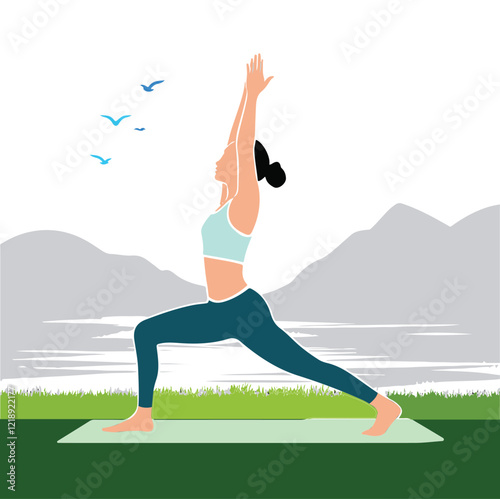 Hand drawn illustration with beautiful young girl practicing yoga in the morning time
