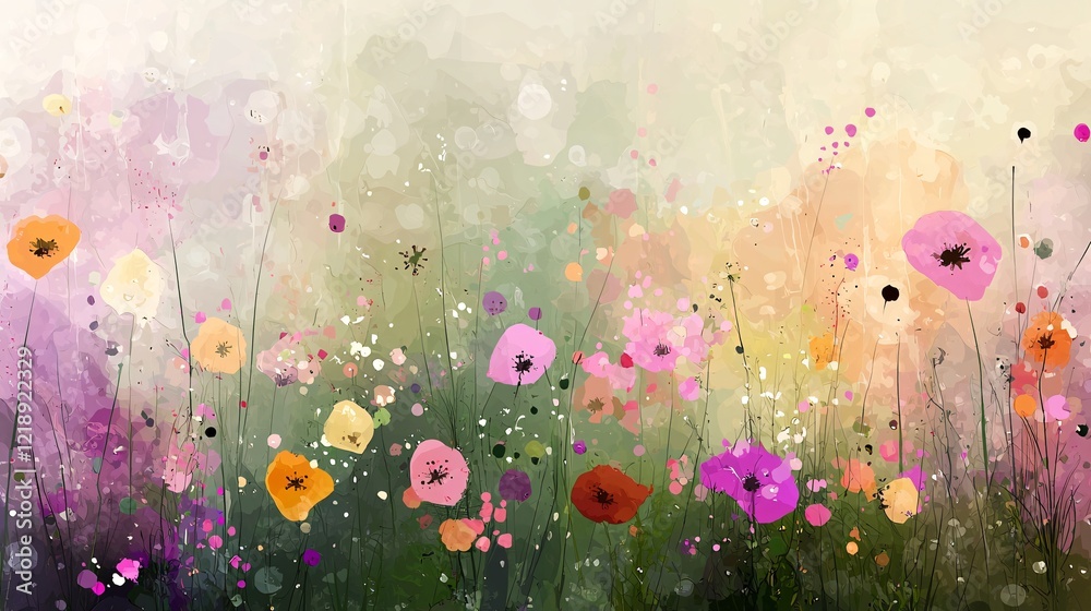 Obraz premium Colorful wildflowers meadow, summer pastel painting, nature background, website design