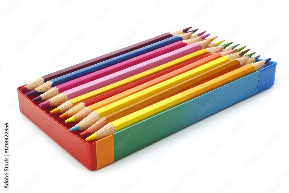 Fototapeta premium Colorful set of colored pencils neatly arranged in a box for creative projects and artistic activities