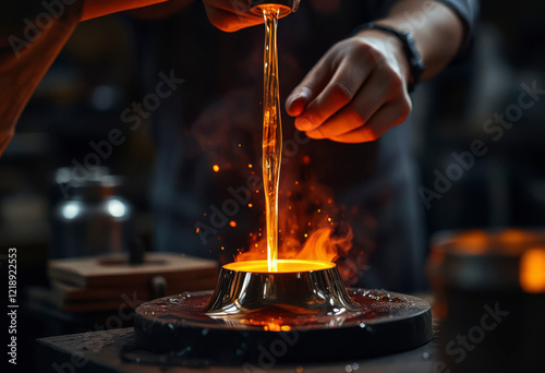 Liquid metal is being poured from a crucible into a mold in a well-lit workshop, showcasing the craftsmanship and process involved.