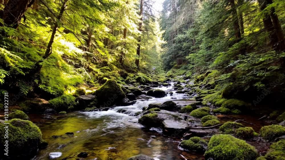 Forest stream flows through mossy rocks, sunlight dappled, nature background, travel poster Forest stream flows through mossy rocks, sunlight dappled, nature background, travel poster