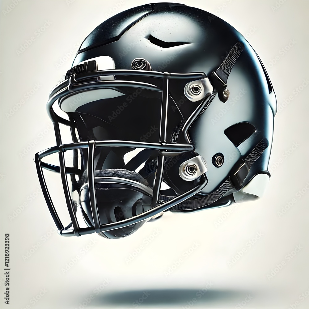 Fototapeta premium Black Football Helmet Close-Up - Modern Protective Sports Gear Isolated on Light Background