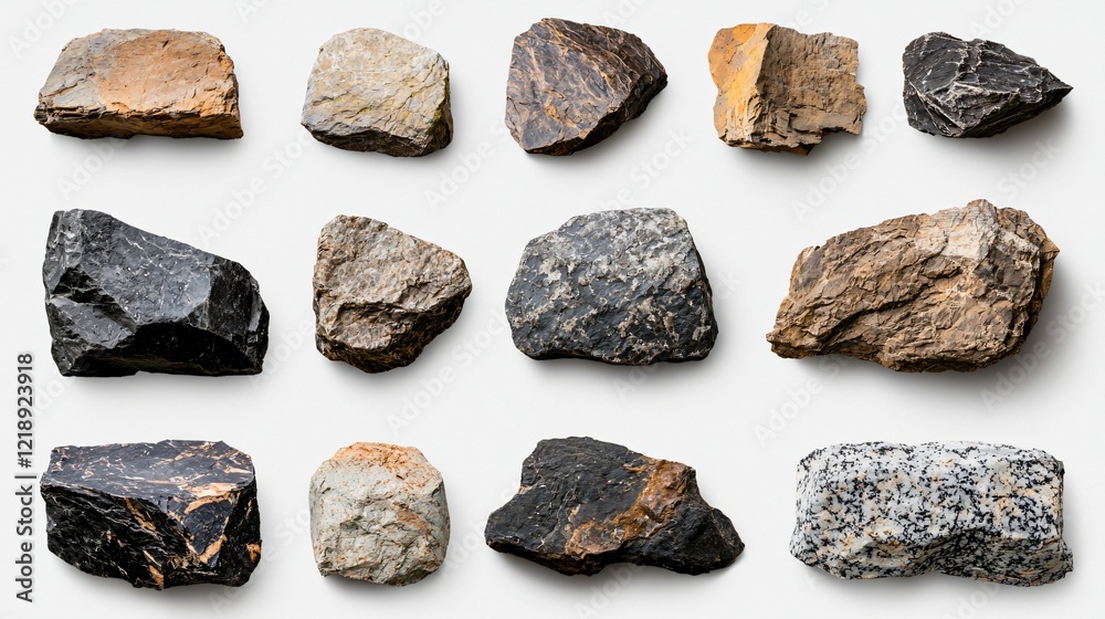 Assorted rocks, studio shot, white background, geology sample