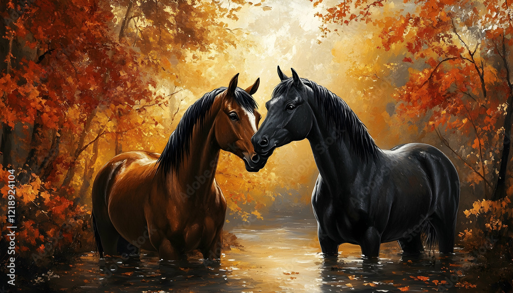 Two horses nuzzling affectionately on an autumn day, evoking warmth and harmony  -