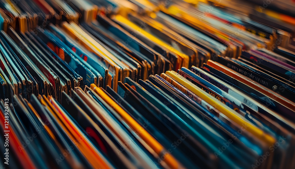 Vibrant record store interior with rows of vinyl albums showcasing artistic covers across diverse genres - Vibrant record store interior with rows of vinyl albums showcasing artistic covers across diverse genres -