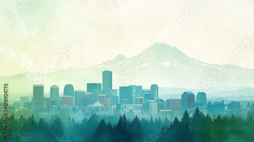 Abstract artistic view of Tacoma, layers of the urban landscape merging with the natural beauty of Mount Rainier