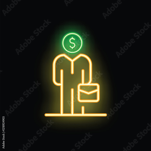 Neon glowing businessman with a dollar sign instead of a head holding a briefcase