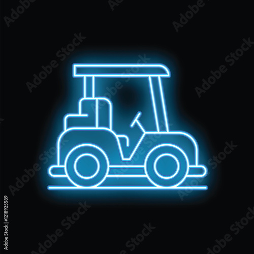 Blue neon sign of a golf cart glowing on a black background
