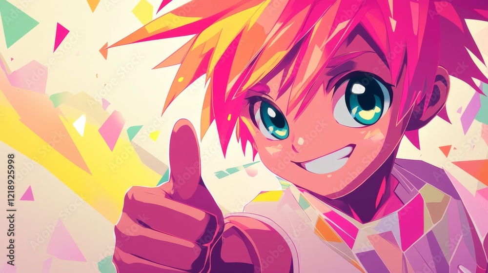 Cheerful Anime Character with Pink Hair Giving Thumbs Up in Monochrome Background Cheerful Anime Character with Pink Hair Giving Thumbs Up in Monochrome Background