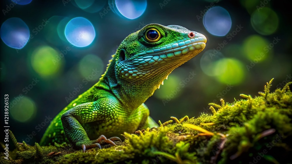 Obraz premium Low Light Lizard Photography: Nocturnal Reptile in the Shadows