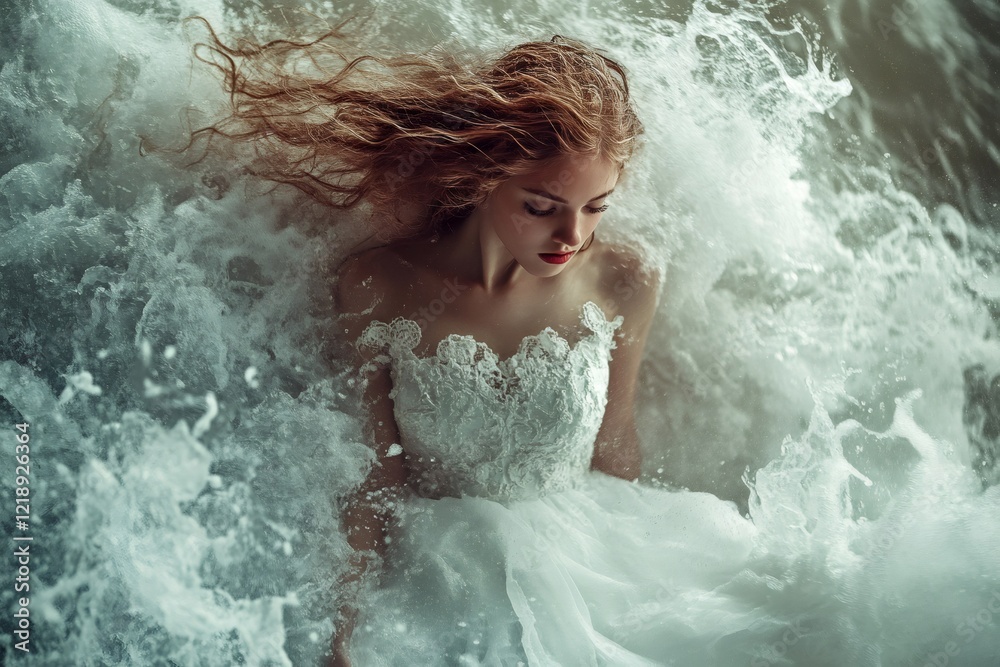 Obraz premium Bride wearing white wedding dress posing in stormy sea waves with long hair blowing in wind