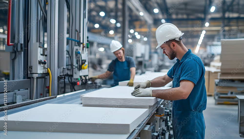 Workers managing the production line for calcium silicate board materials, operating machinery in an industrial setting with focus on production efficiency - Workers managing the production line for calcium silicate board materials, operating machinery in an industrial setting with focus on production efficiency -