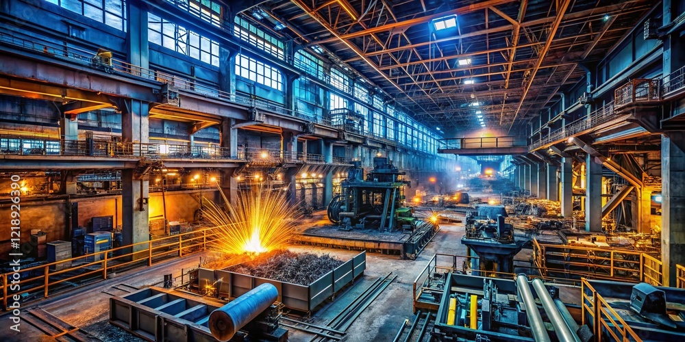 Fototapeta premium Low Light Industrial Metalworking Factory: Steel Air Conditioning Pipe Manufacturing