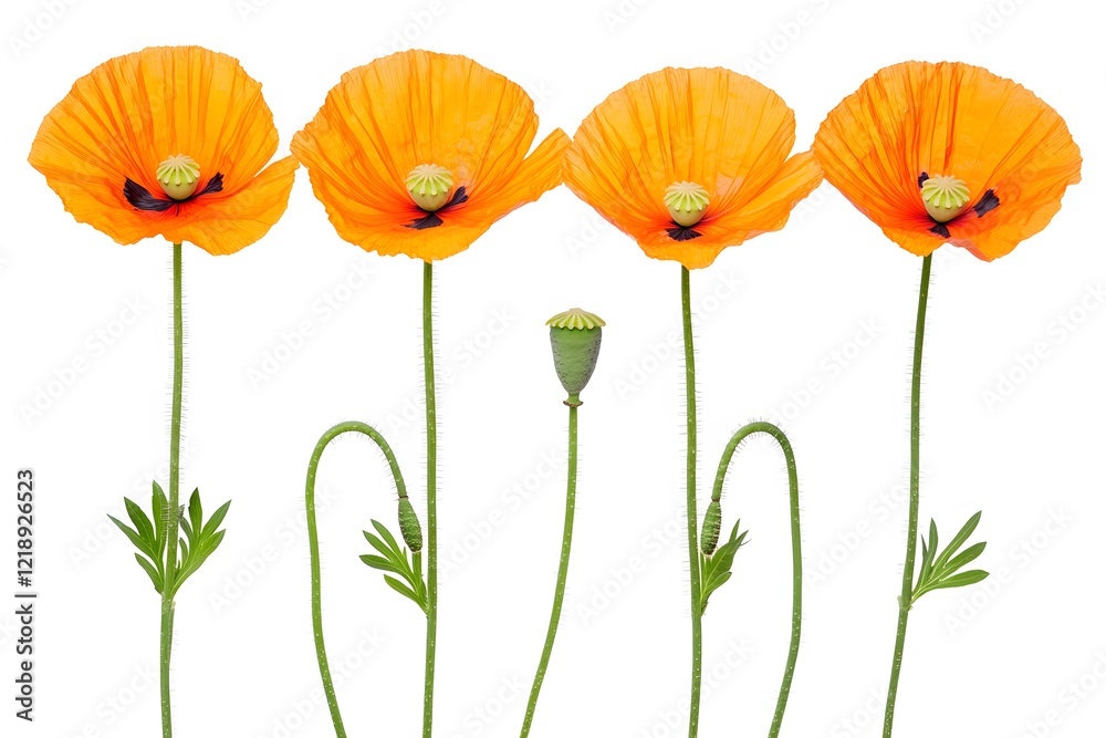 Fototapeta premium Four Orange Poppy Flowers Blooming Isolated on White Background