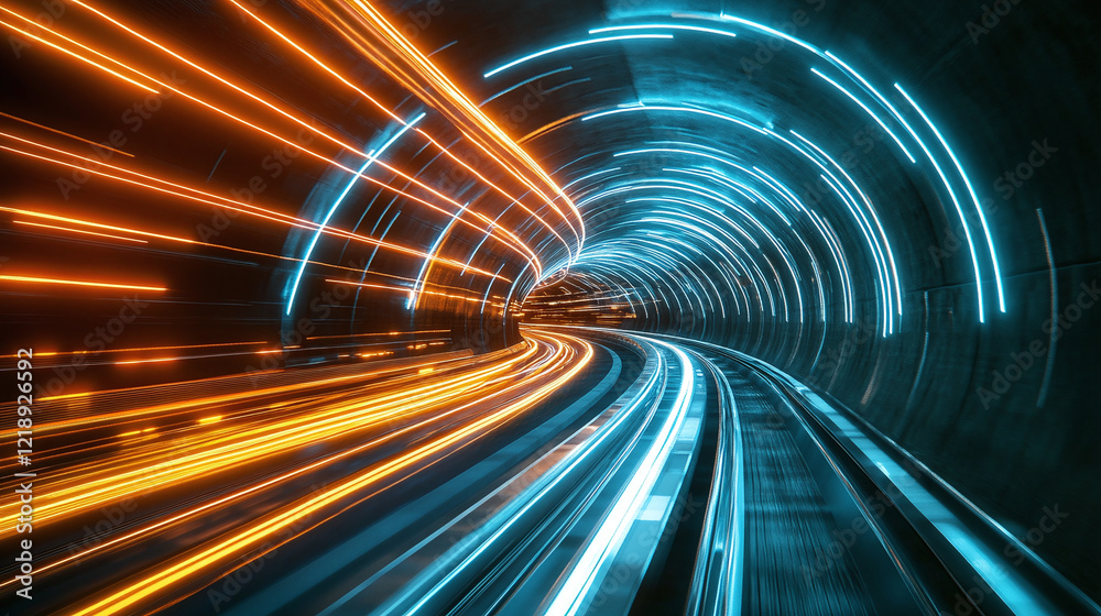 Fototapeta premium A futuristic tunnel illuminated with bright neon lights in blue and orange, featuring curved lines and high-speed motion, evoking innovation and urban technology.
