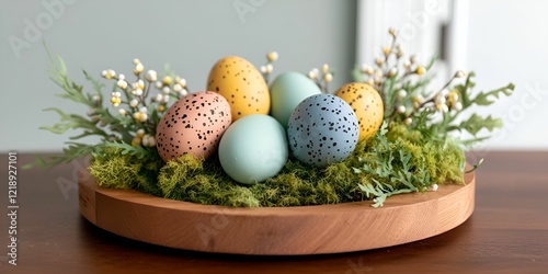 Easter decorations wreath DIY concept. Colorful decorative eggs arranged on moss with greenery in a wooden tray.